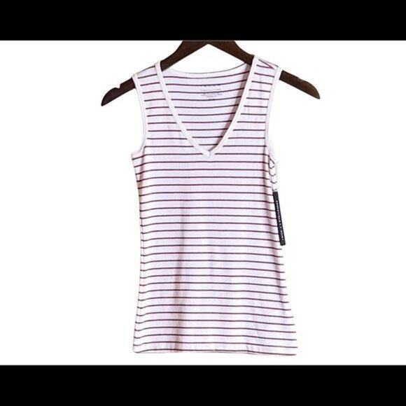 Tahari Tops - Tahari Essentials T-Shirt Red Cream Striped V-Neck Sleeveless Casual Soft